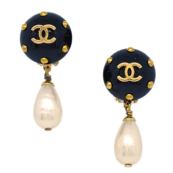 Chanel Artificial Pearl Dangle Earrings Clip-On Gold - Picture 1 of 5